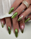 Handmade Bold Green Beetle Wings Gold Chrome Accent Nature Art Press on Nails P29