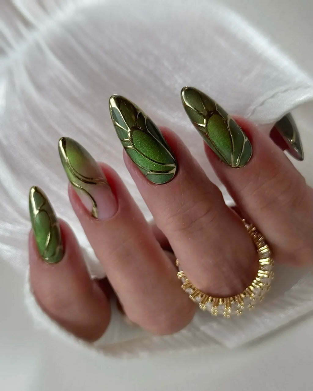 Handmade Bold Green Beetle Wings Gold Chrome Accent Nature Art Press on Nails P29