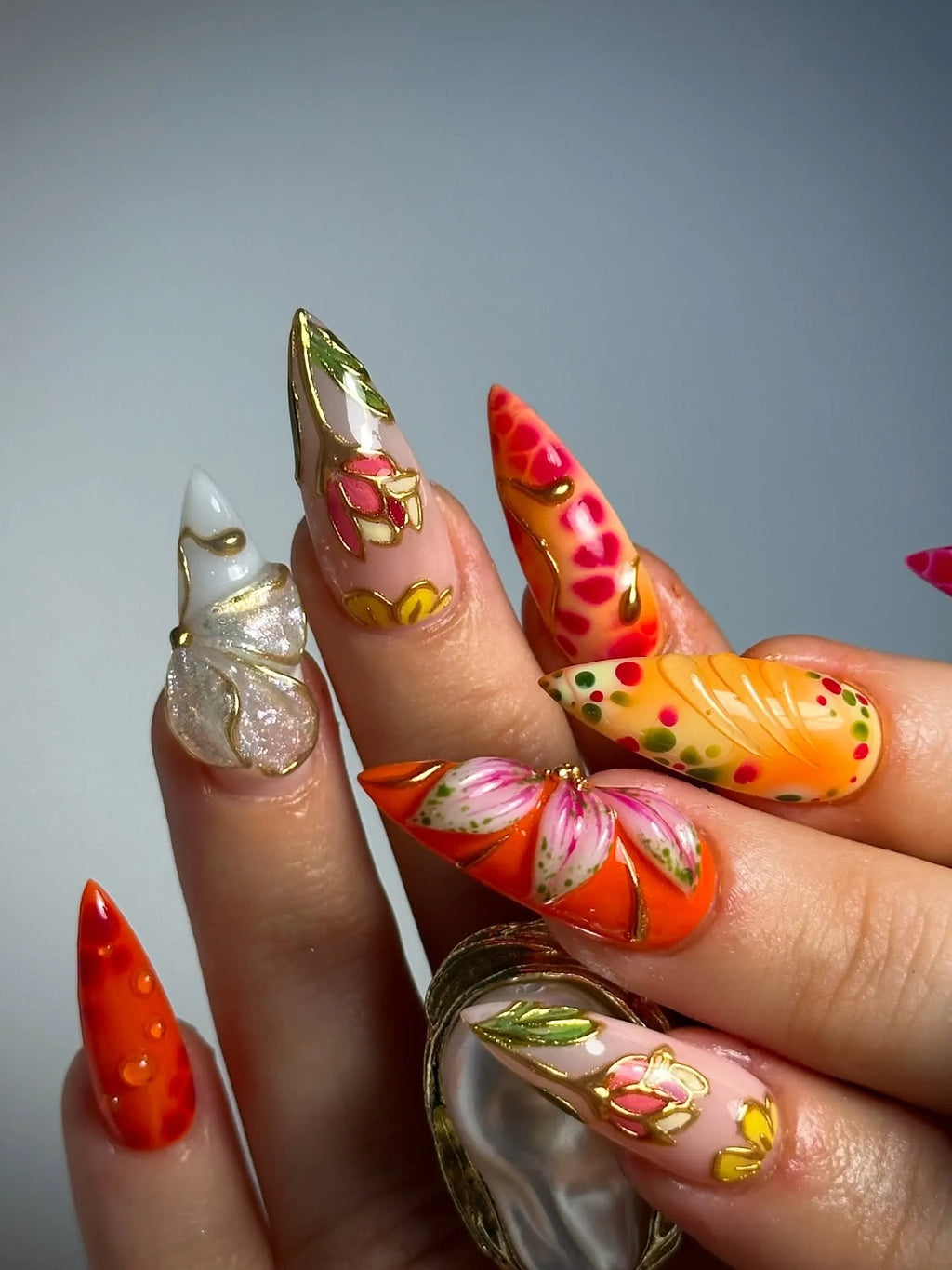 Handmade Bold Red Orange Gold 3D Floral Butterfly Luxury Fake Nails S13