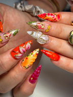 Handmade Bold Red Orange Gold 3D Floral Butterfly Luxury Fake Nails S13