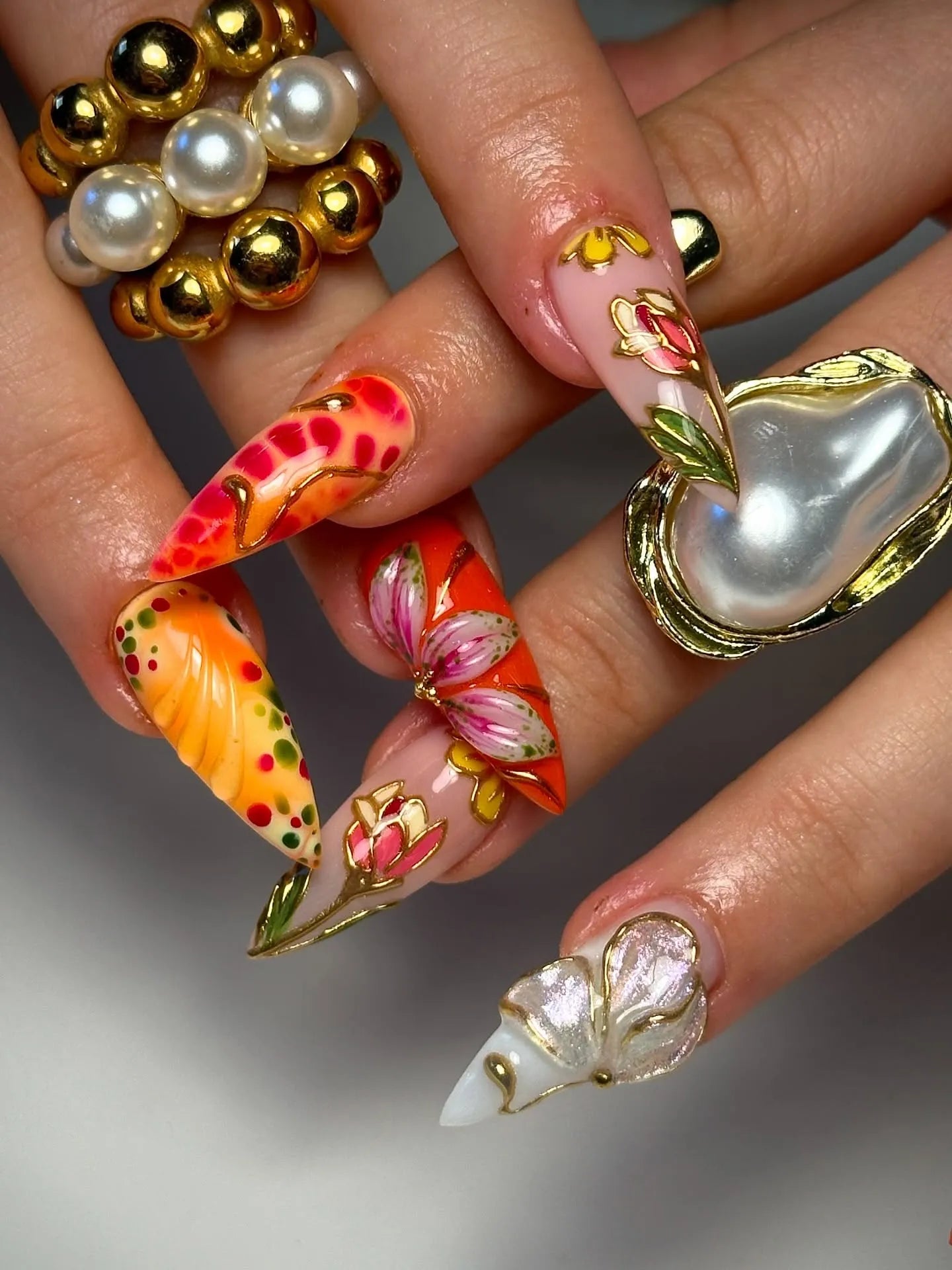 Handmade Bold Red Orange Gold 3D Floral Butterfly Luxury Fake Nails S13