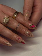 Handmade Bold Heart Gold Chrome Pink Rhinestone Fake Nails M72