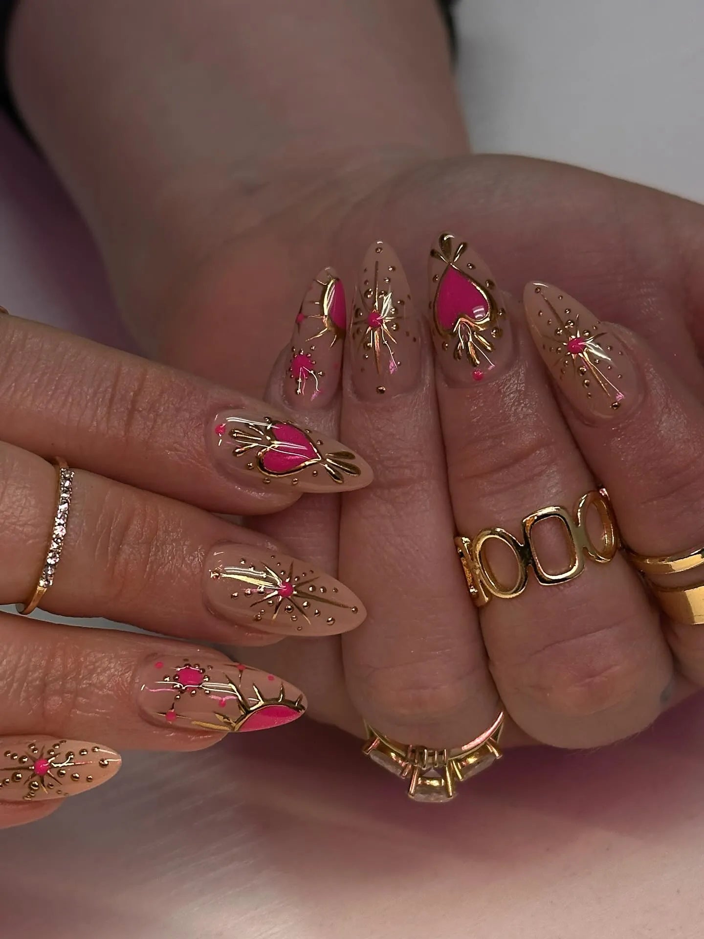 Handmade Bold Heart Gold Chrome Pink Rhinestone Fake Nails M72