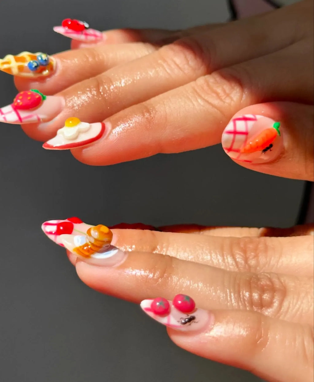 Handmade Breakfast Food Strawberry Waffle Fried Egg Press on Nails N93
