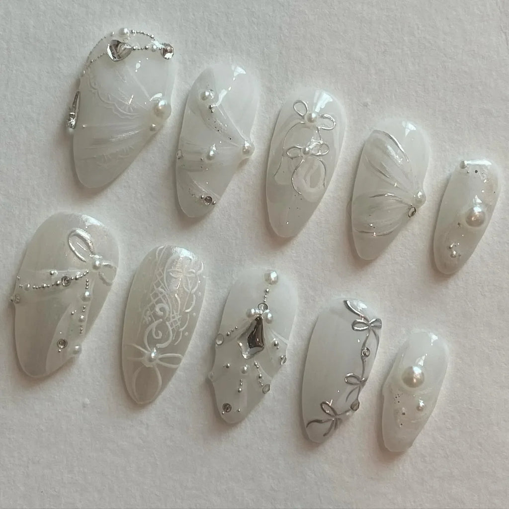 Handmade Bridal White Silver Swirl Bow Pearl Chain Luxury Press on Nails S84