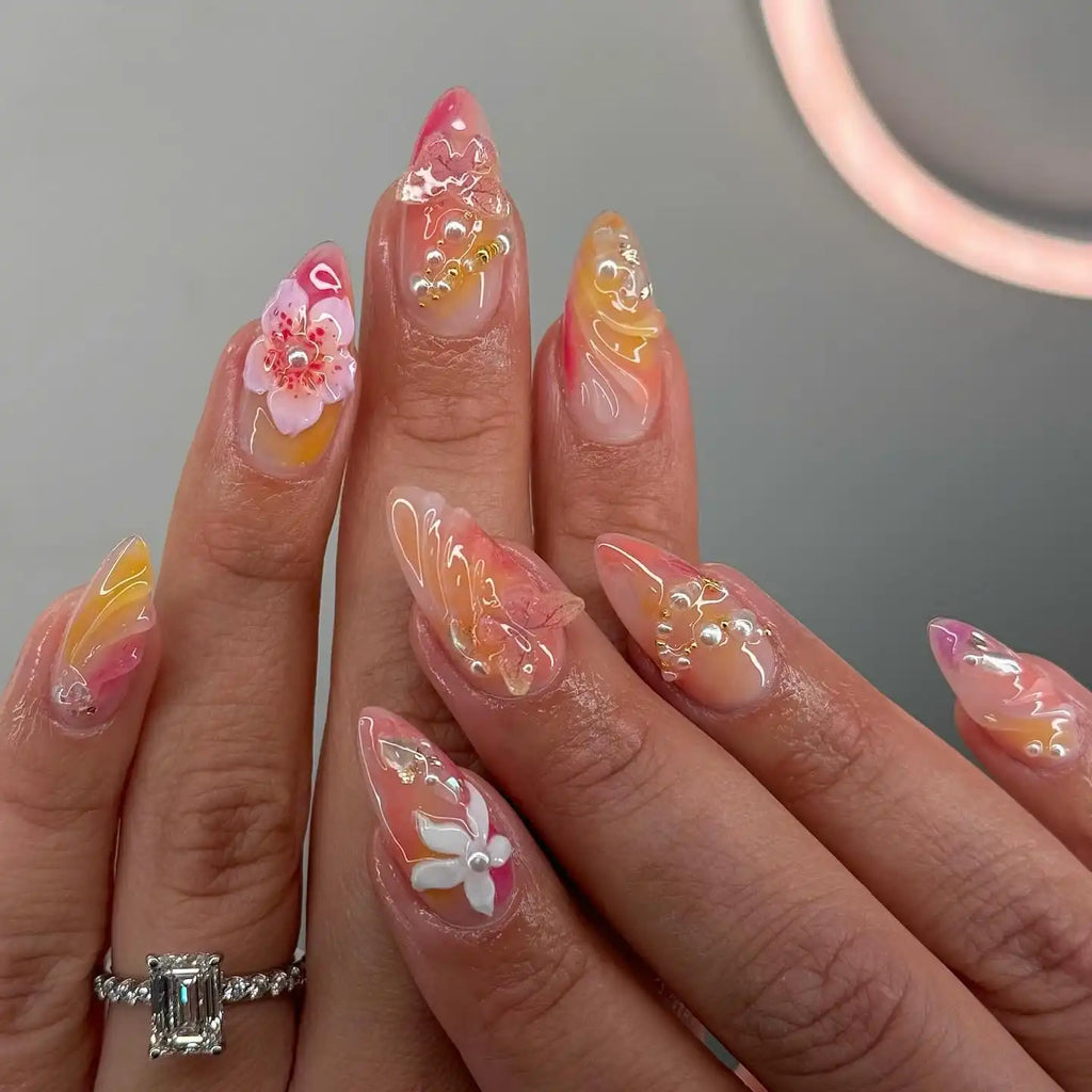 Handmade Bright Blossom Pearls and Butterfly Press on Nails O09
