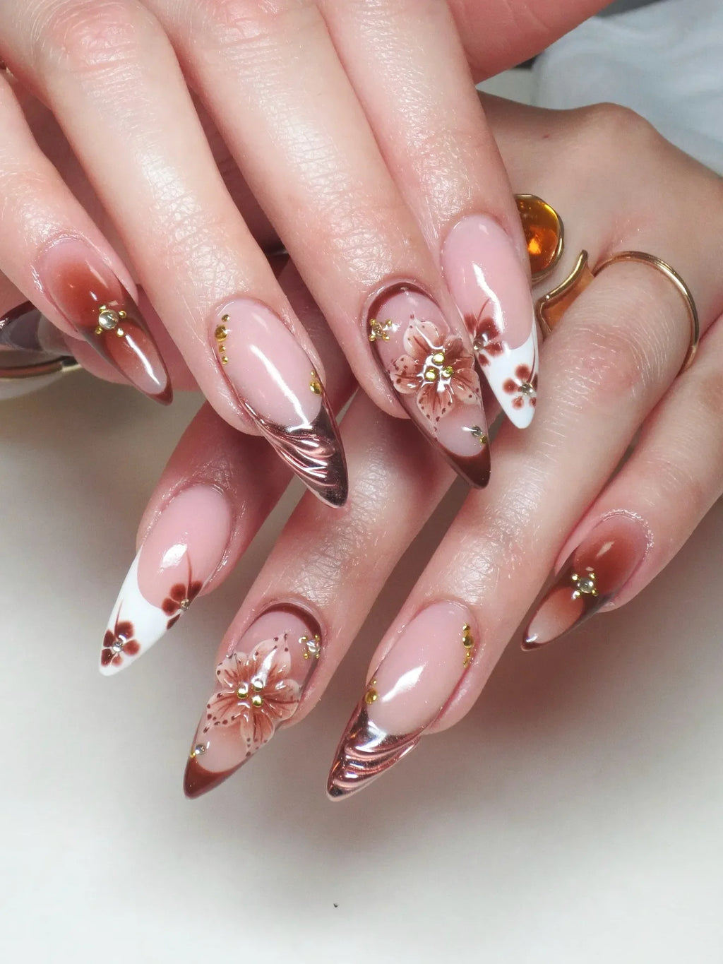Handmade Brown Floral Bronze Chrome Metallic Stud Art Press on Nails W48