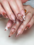 Handmade Brown Floral Bronze Chrome Metallic Stud Art Press on Nails W48