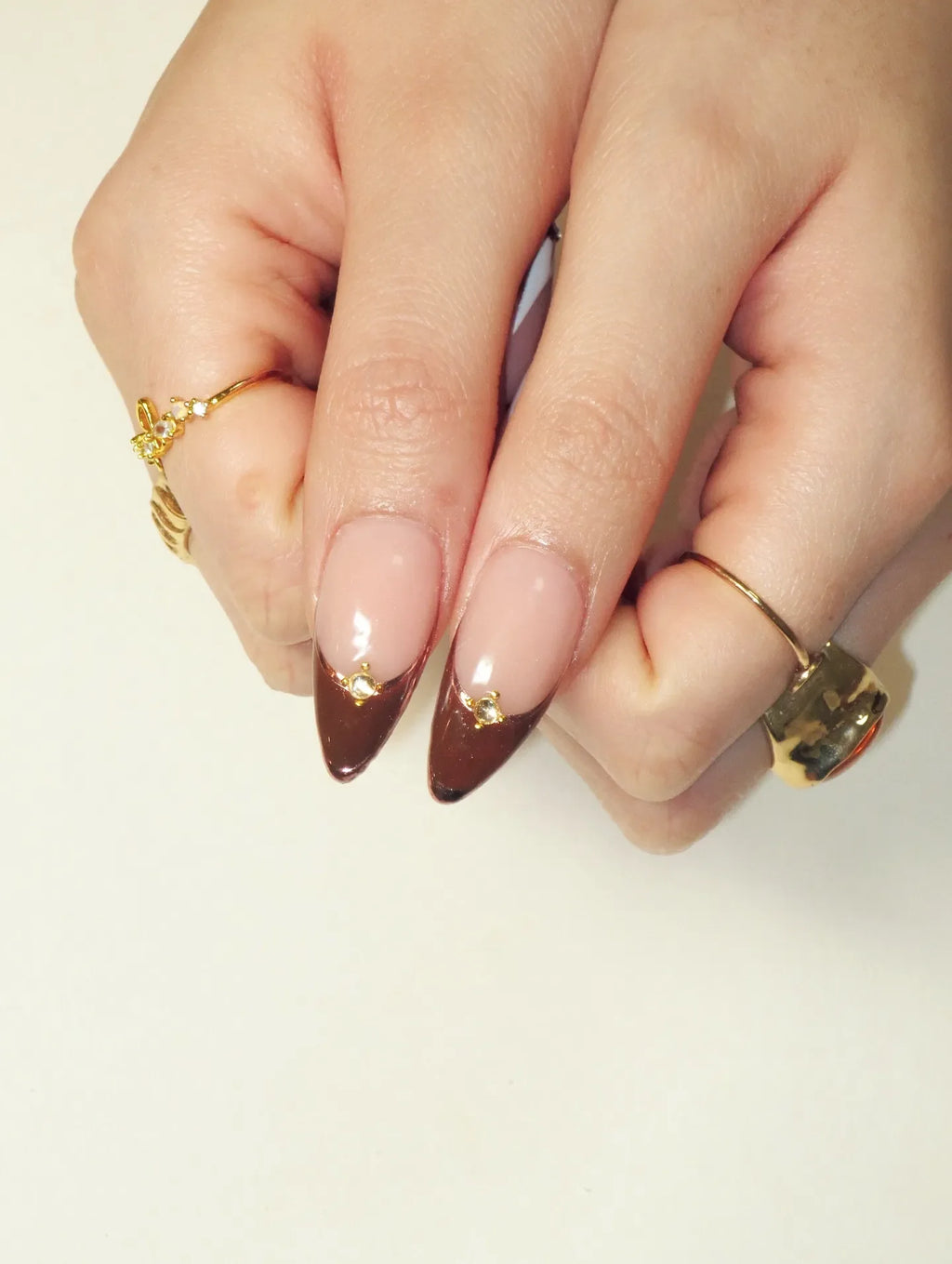 Handmade Brown Floral Bronze Chrome Metallic Stud Art Press on Nails W48