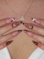 Handmade Brown Floral Bronze Chrome Metallic Stud Art Press on Nails W48