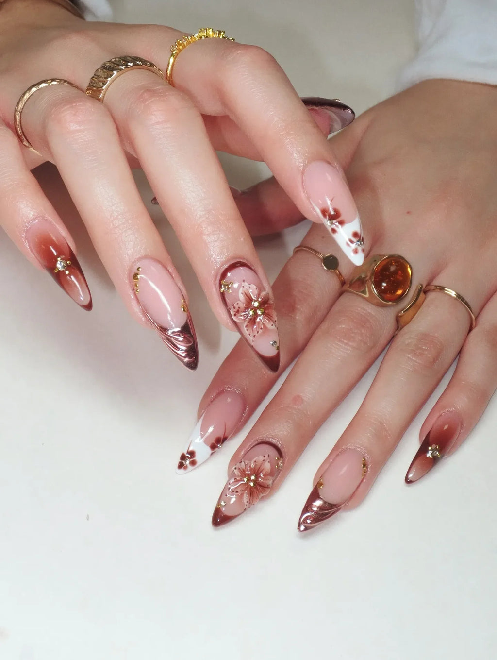 Handmade Brown Floral Bronze Chrome Metallic Stud Art Press on Nails W48