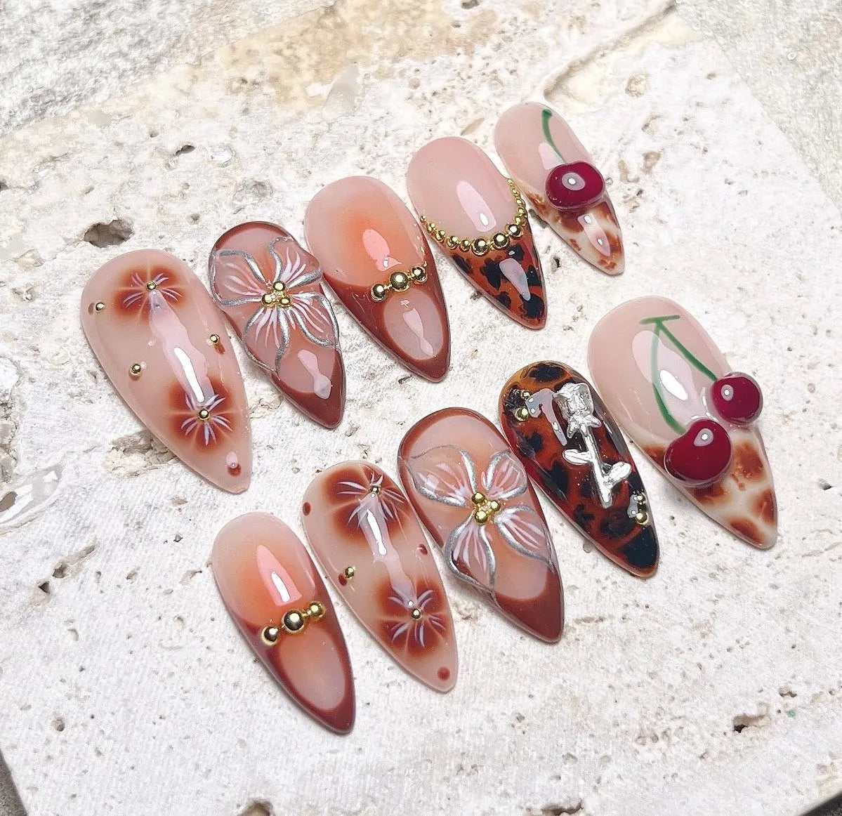Handmade Brown Leopard Cherry Floral Silver 3D Gemstone Press on Nails A53