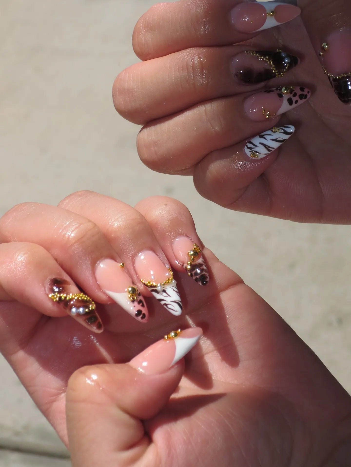 Handmade Brown Leopard Zebra Print French Tip Gold Bead Press on Nails T39