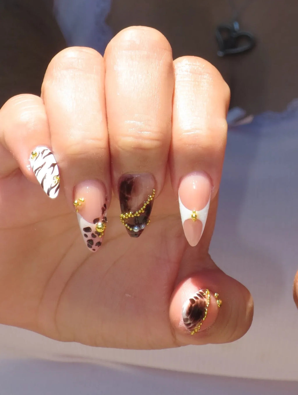 Handmade Brown Leopard Zebra Print French Tip Gold Bead Press on Nails T39