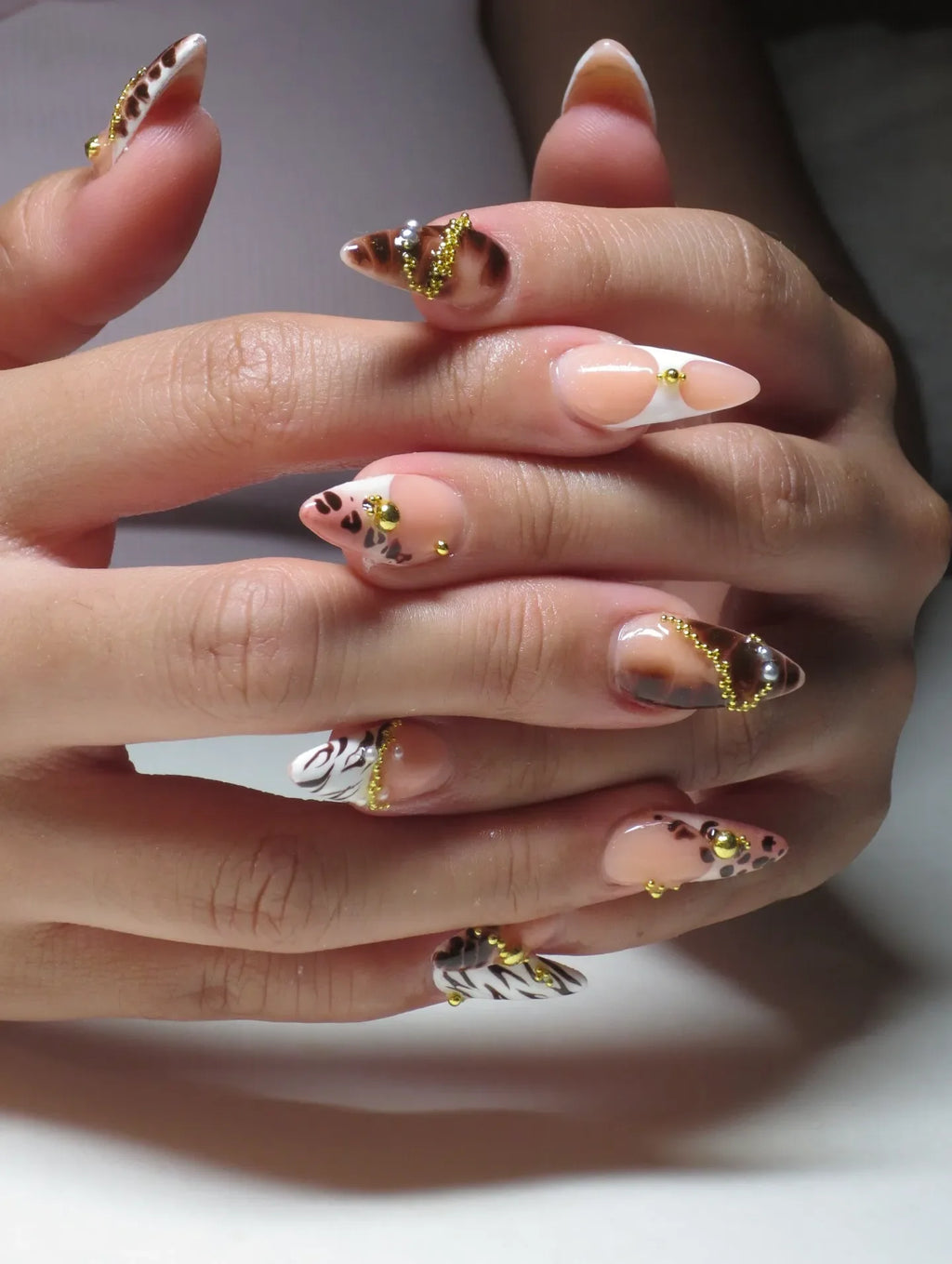 Handmade Brown Leopard Zebra Print French Tip Gold Bead Press on Nails T39