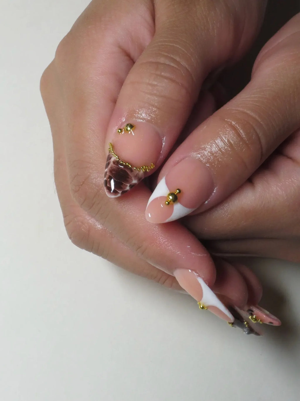 Handmade Brown Leopard Zebra Print French Tip Gold Bead Press on Nails T39