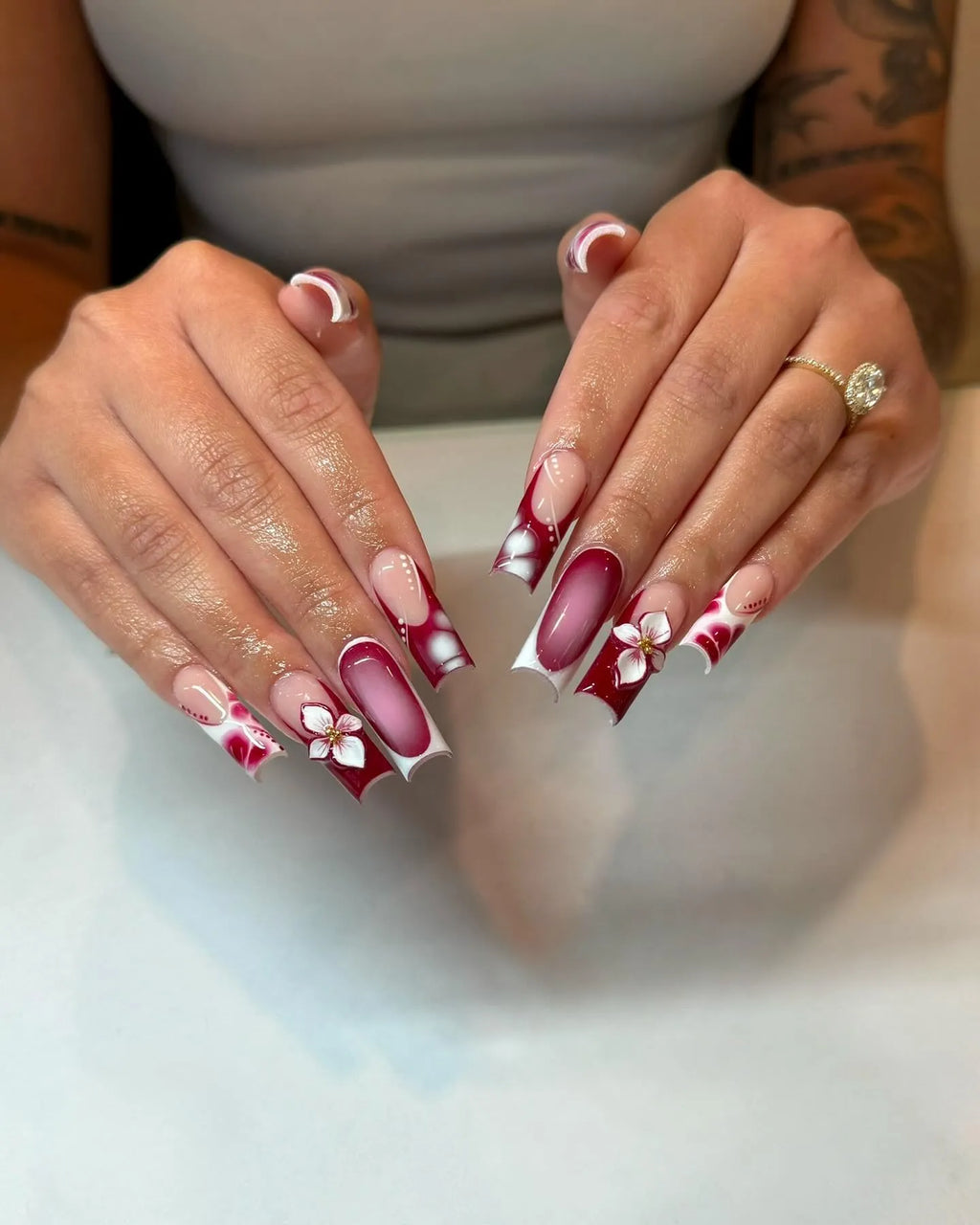 Handmade Burgundy Abstract Ombre 3D Flower French Tip Glamour Press on Nails V90