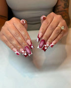 Handmade Burgundy Abstract Ombre 3D Flower French Tip Glamour Press on Nails V90