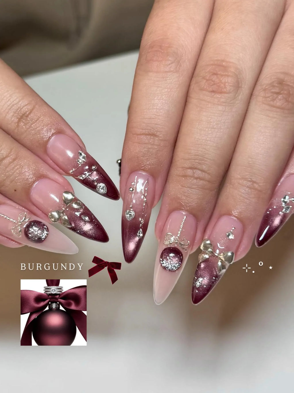 Handmade Burgundy Festive Ornament 3D Silver Bow Metallic Press on Nails G93