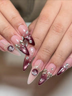 Handmade Burgundy Festive Ornament 3D Silver Bow Metallic Press on Nails G93