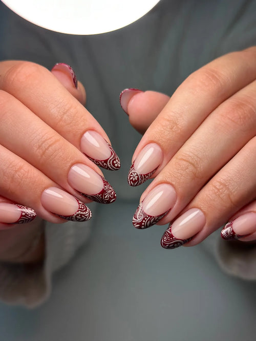 Handmade Burgundy Lace French Tip Intricate Mandala Press-on Nails S80