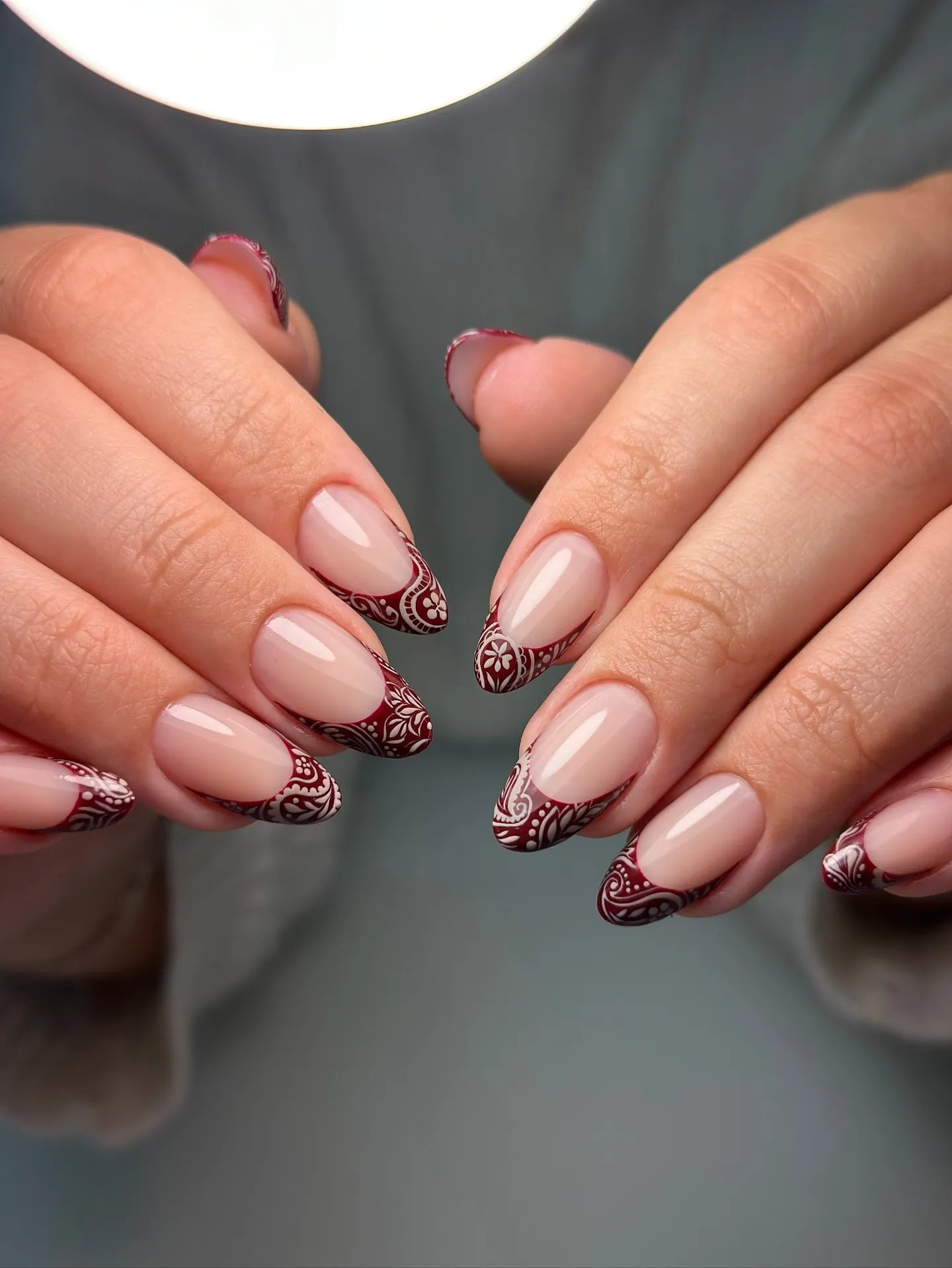 Handmade Burgundy Lace French Tip Intricate Mandala Press-on Nails S80