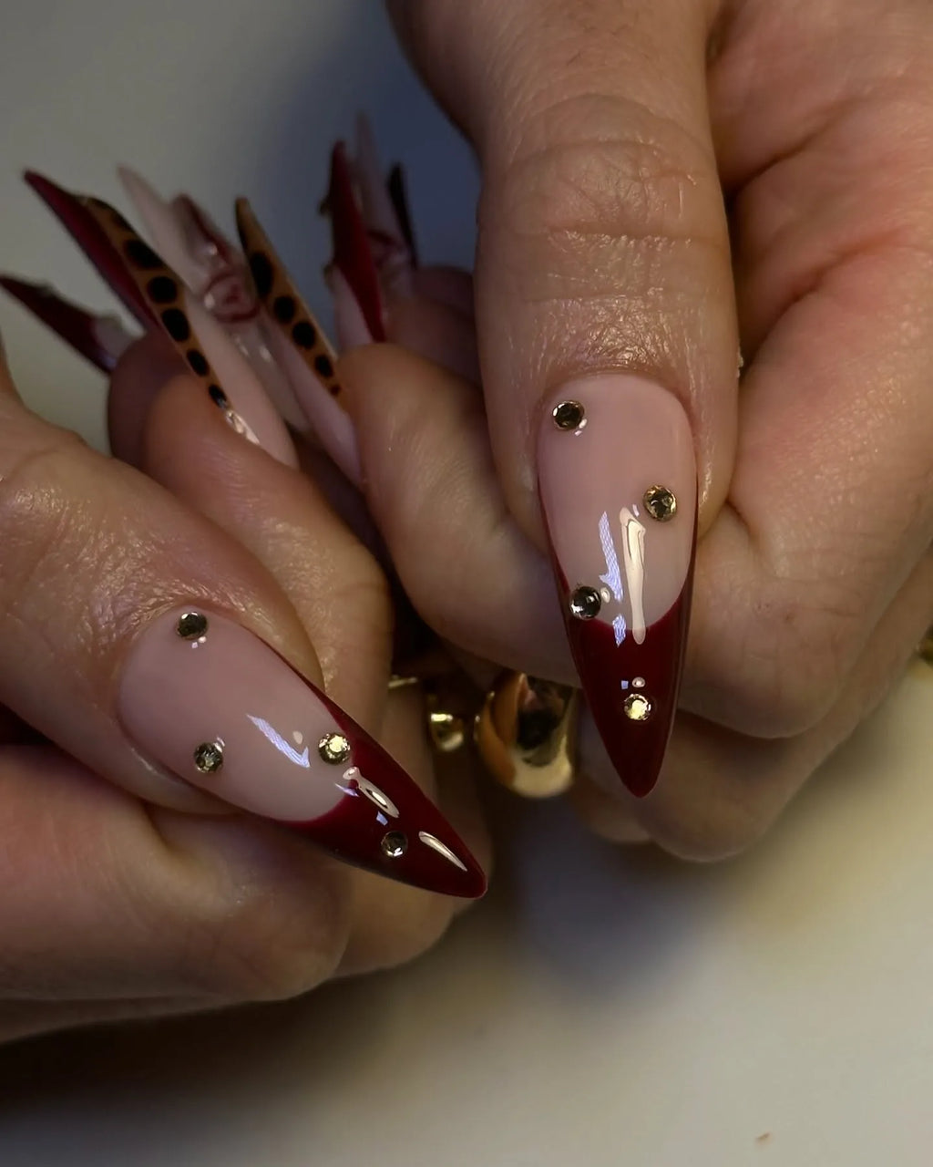 Handmade Burgundy Red French Leopard Print 3D Floral Press on Nails P74