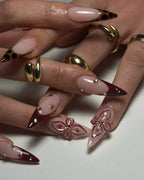 Handmade Burgundy Red French Leopard Print 3D Floral Press on Nails P74
