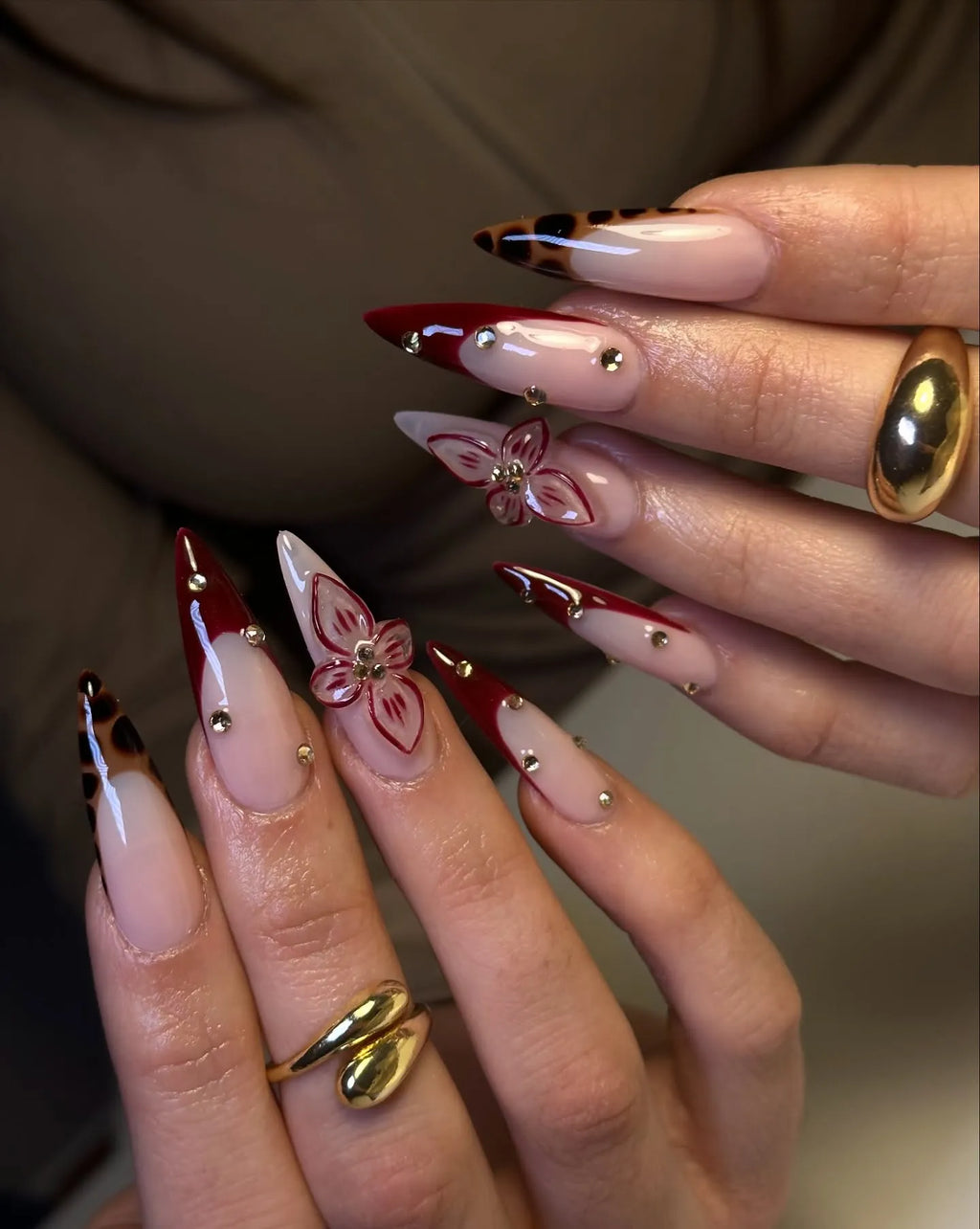 Handmade Burgundy Red French Leopard Print 3D Floral Press on Nails P74
