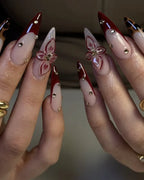 Handmade Burgundy Red French Leopard Print 3D Floral Press on Nails P74
