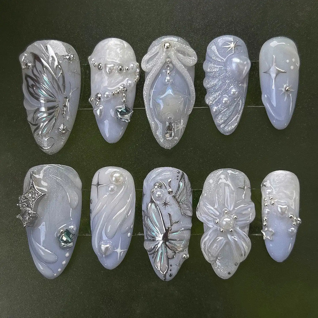 Handmade Butterfly Pearl Star Moon Press on Nails Q82