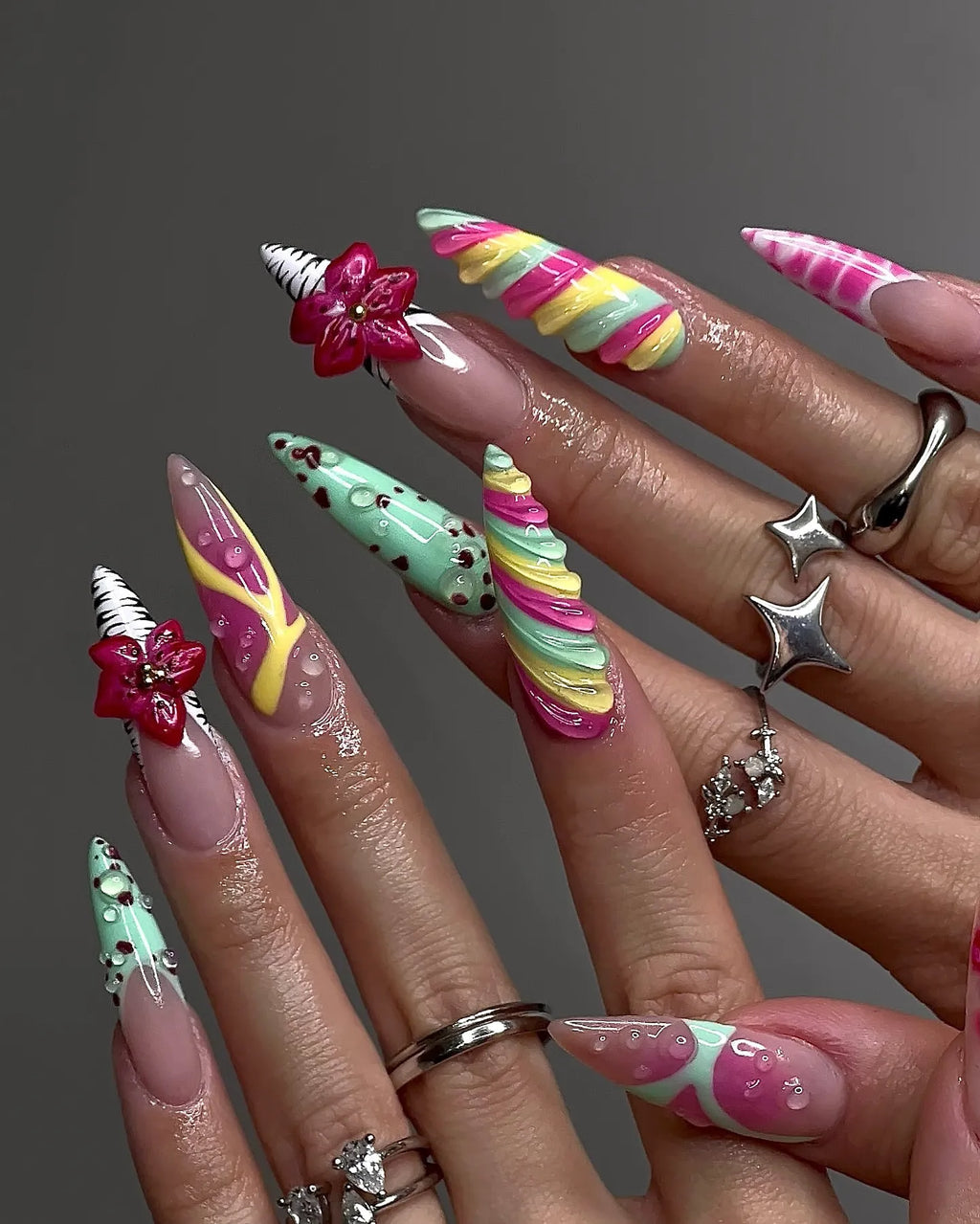 Handmade Candy Swirl Funky Rainbow Kawaii 3D Flower Quirky Press on Nails N84