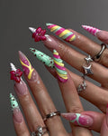 Handmade Candy Swirl Funky Rainbow Kawaii 3D Flower Quirky Press on Nails N84