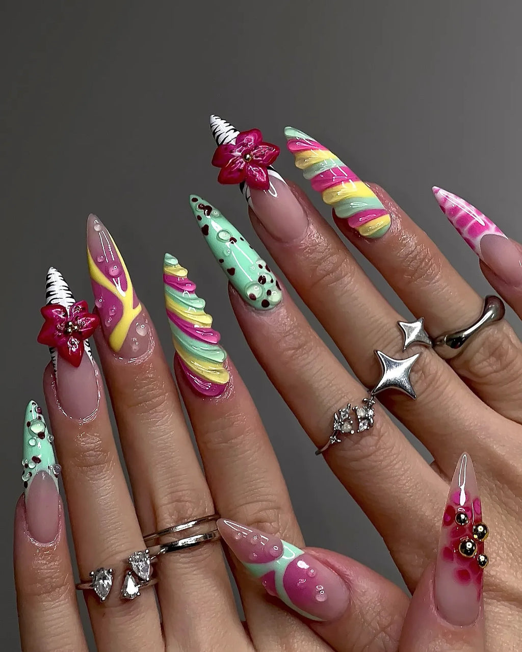 Handmade Candy Swirl Funky Rainbow Kawaii 3D Flower Quirky Press on Nails N84