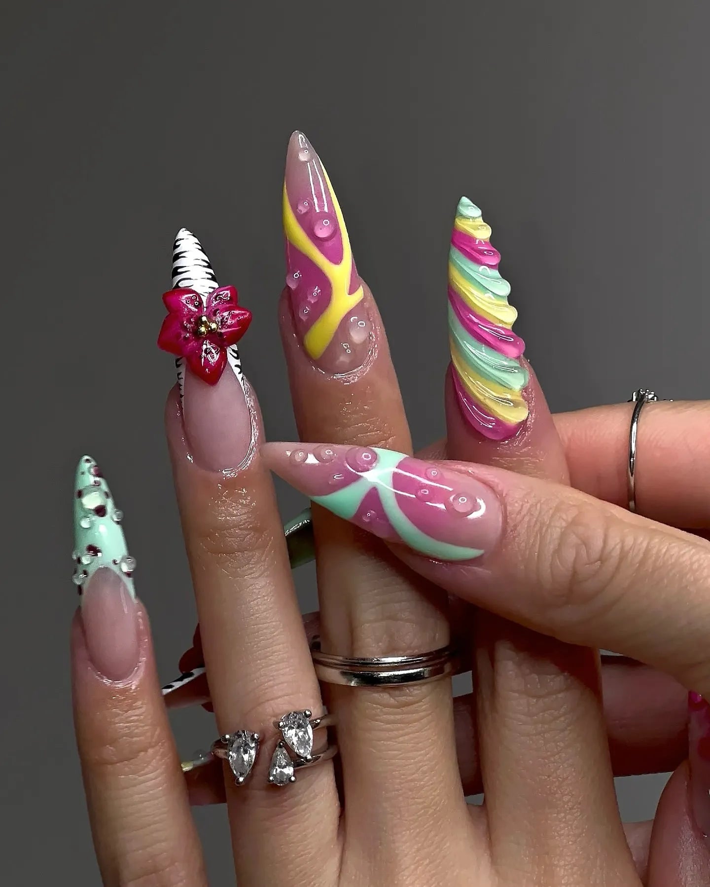 Handmade Candy Swirl Funky Rainbow Kawaii 3D Flower Quirky Press on Nails N84