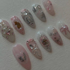 Handmade Cat Pearl Pink Lace Bow Rhinestone Pastel Press on Nails R34