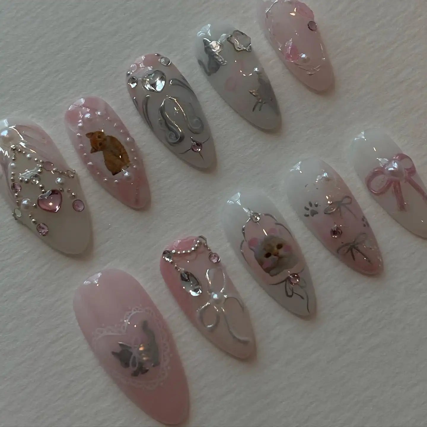 Handmade Cat Pearl Pink Lace Bow Rhinestone Pastel Press on Nails R34