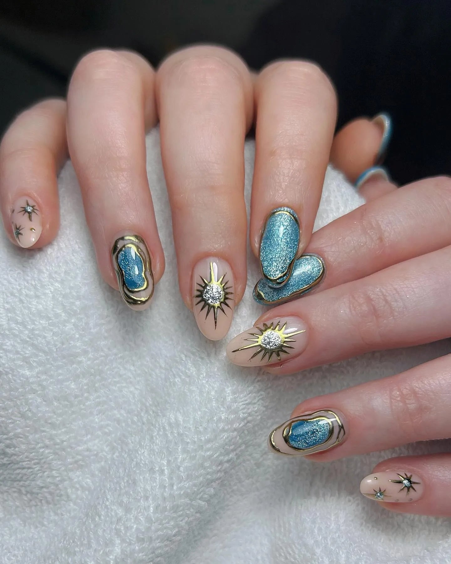 Handmade Celestial Blue Shimmer Gold Starburst Charm Press on Nails G70