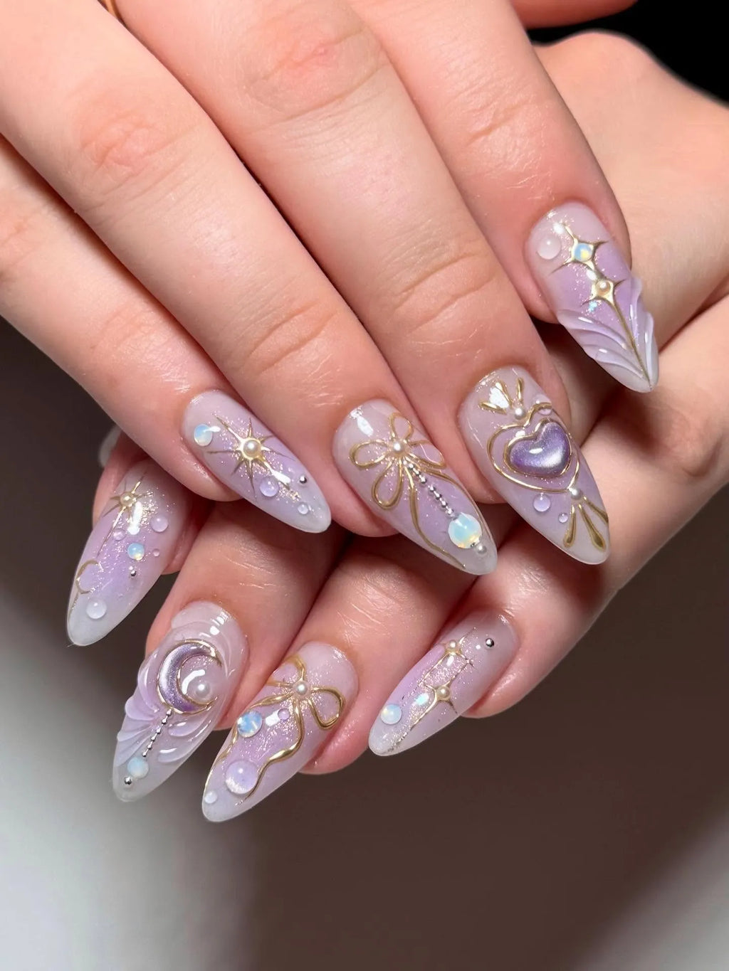 Handmade Celestial Enchantment Purple Heart Golden Bow Press on Nails V37