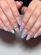 Handmade Celestial Enchantment Purple Heart Golden Bow Press on Nails V37
