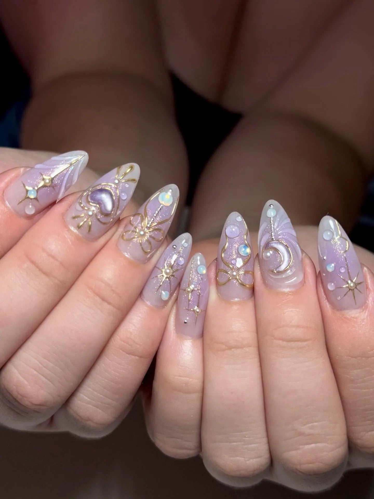 Handmade Celestial Enchantment Purple Heart Golden Bow Press on Nails V37