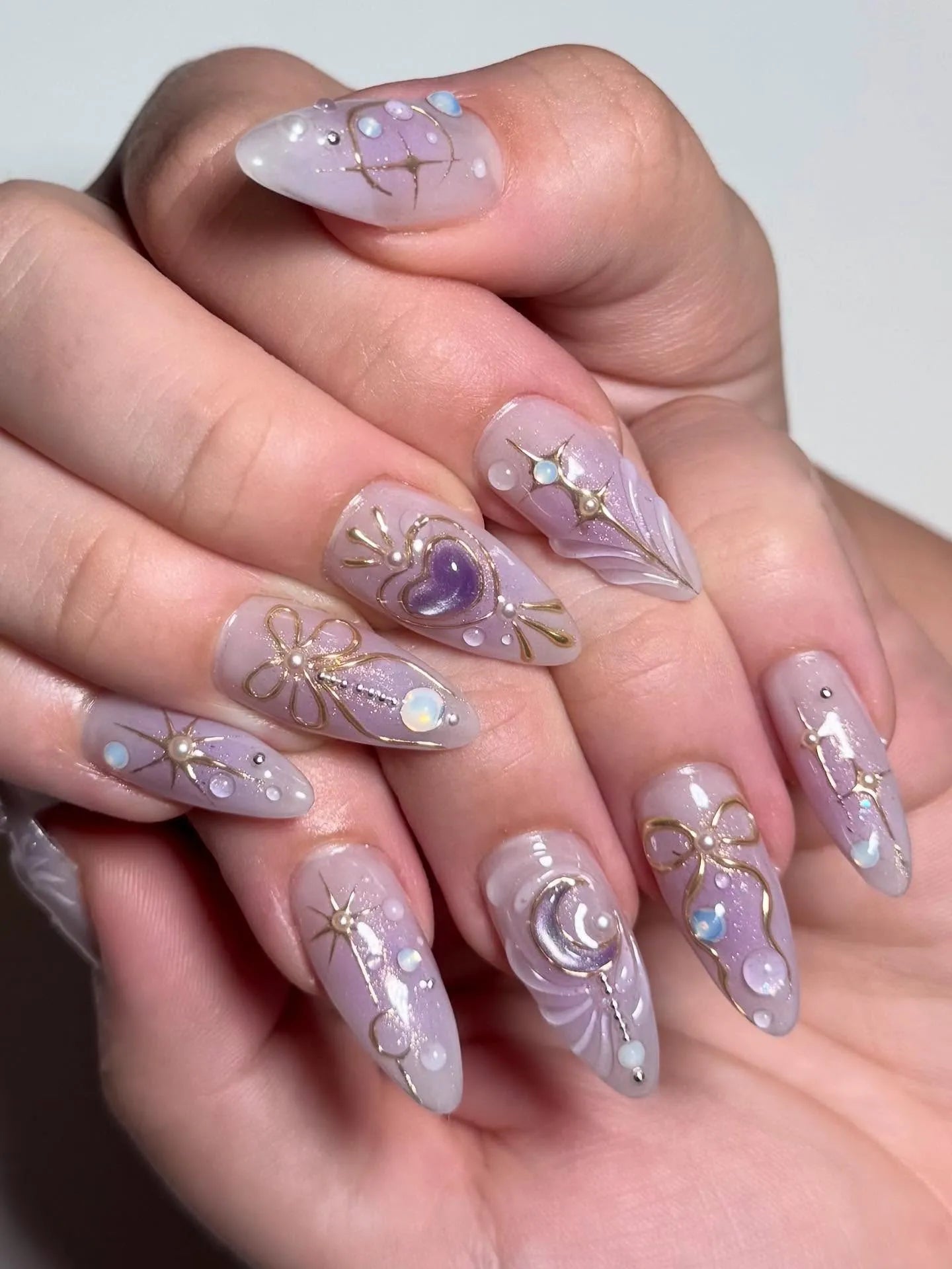 Handmade Celestial Enchantment Purple Heart Golden Bow Press on Nails V37