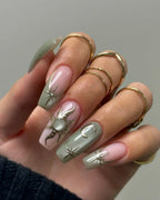 Handmade Celestial Green Nude Star Moon Sun Elegant Galaxy Press on Nails G46