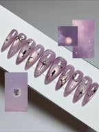 Handmade Celestial Lunar Cat Moon Star Purple Iridescent Almond Fake Nails A05