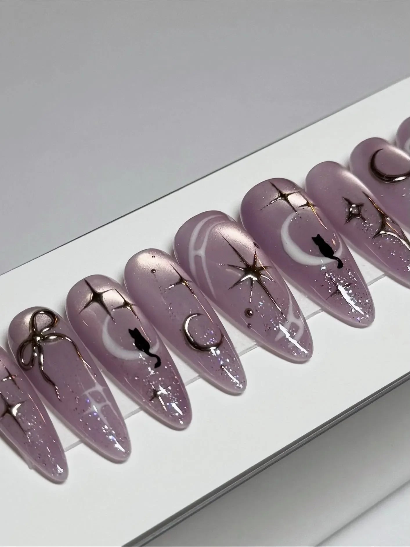 Handmade Celestial Lunar Cat Moon Star Purple Iridescent Almond Fake Nails A05