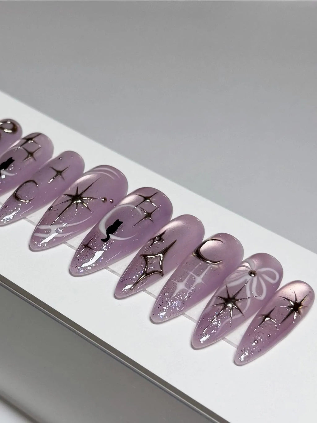 Handmade Celestial Lunar Cat Moon Star Purple Iridescent Almond Fake Nails A05