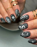 Handmade Celestial Moon Sun Eye Snake Black Matte Witch Press on Nails O91