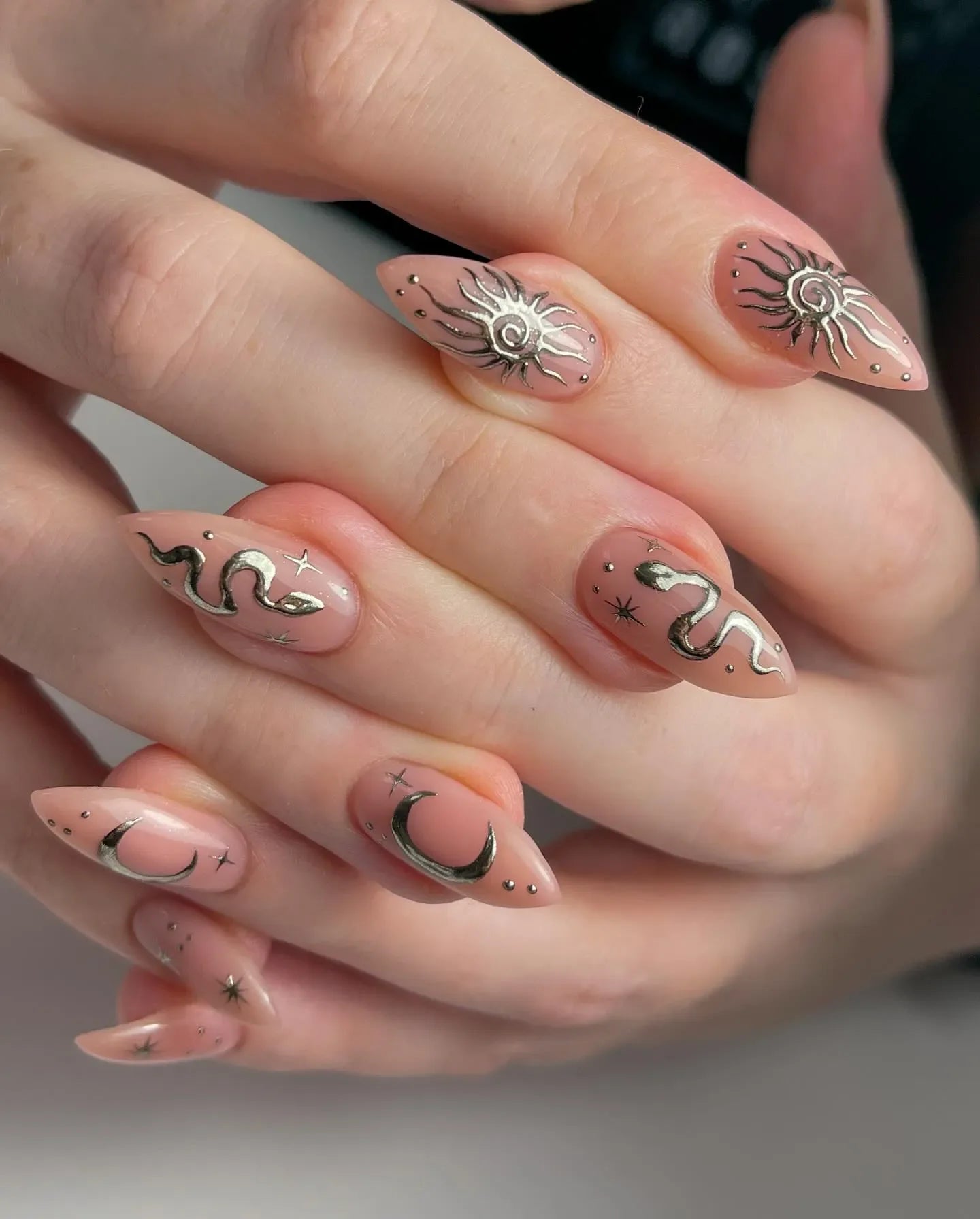 Handmade Celestial Sun Moon Snake Gold Chrome Neutral Press on Nails C37