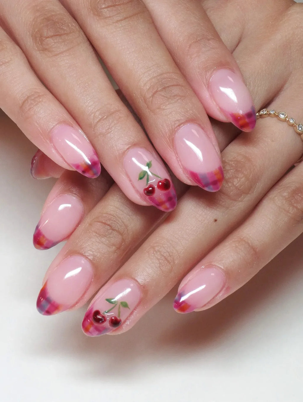 Handmade Cherry Fruit Plaid French Tip Summer Coquette Press on Nails Y25