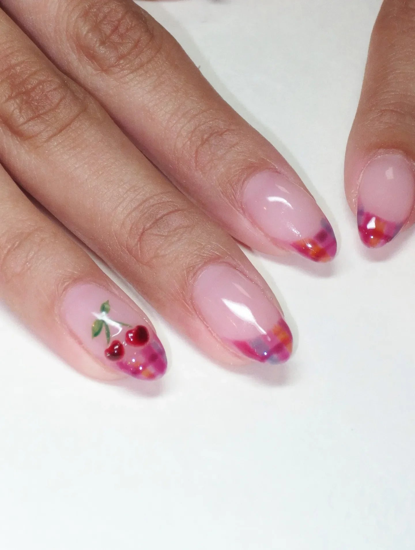 Handmade Cherry Fruit Plaid French Tip Summer Coquette Press on Nails Y25